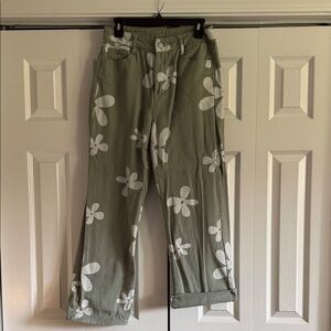 Olive Green Floral Print Wide-Leg Pants
